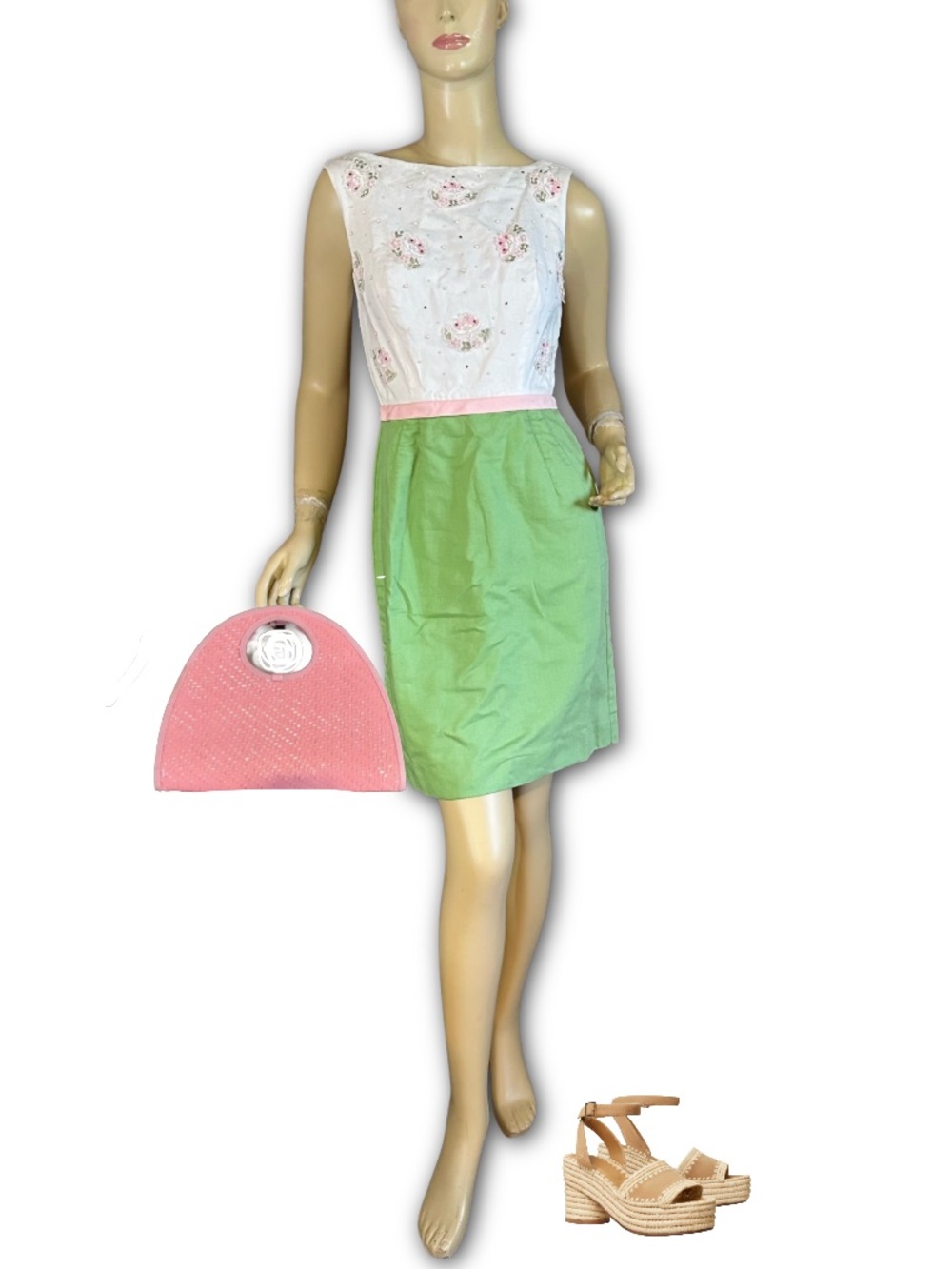 VINTAGE 1960'S GREEN, WHITE & PINK FLORAL PRINT SHEATH/WIGGLE DRESS (XS)